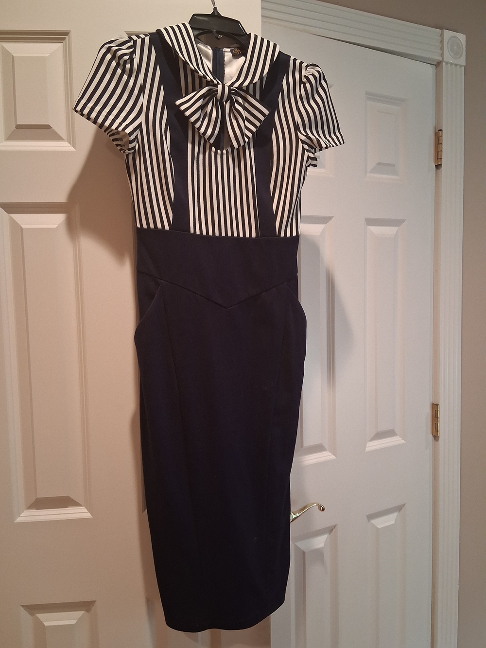 Navy & White Striped Sailor Bow Sheath Dress